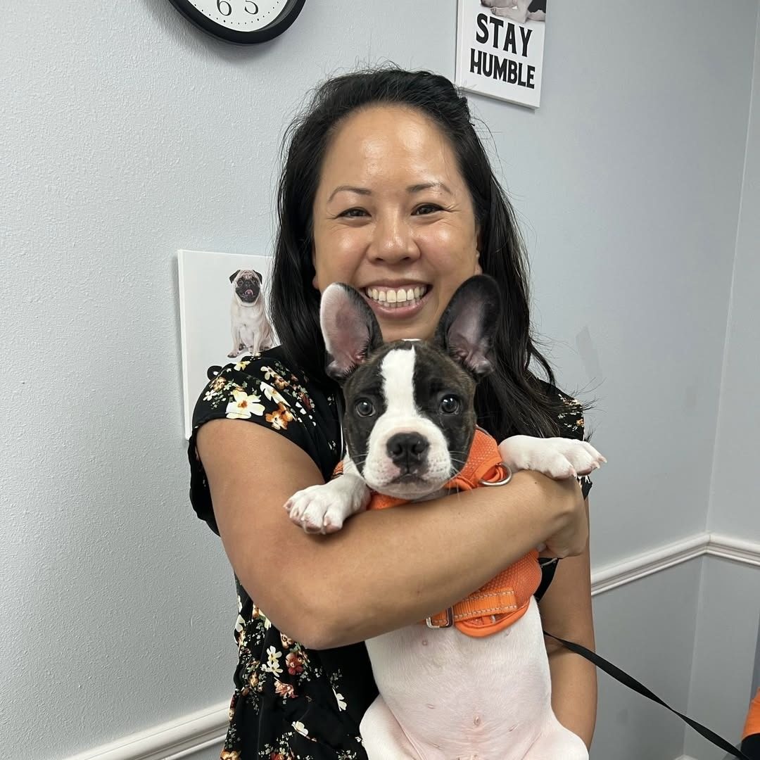 Dog cuddling with smiling veterinarian while receiving diagnostics